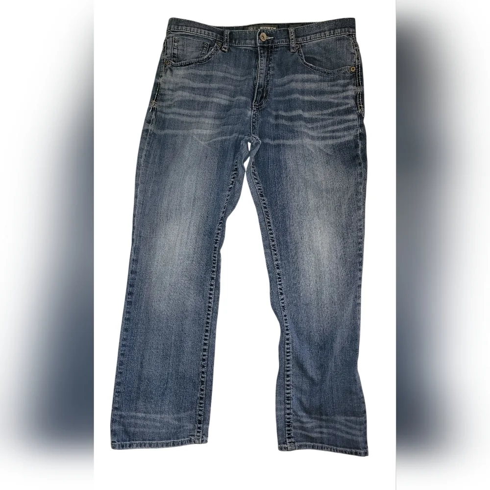 BKE Tyler 36R 36X30 MENS Straight Leg Whiskered Distressed Blue Jeans Fading - Picture 2 of 8